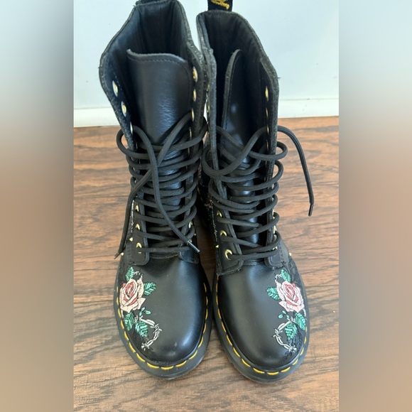 Dr. Martens Black Lace-Up Boots with Pink Rose Embroidery - Picture 2 of 7